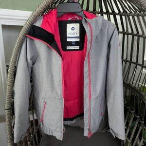 Roxy Pink and Gray Raincoat with Hood and Full-Length Zipper